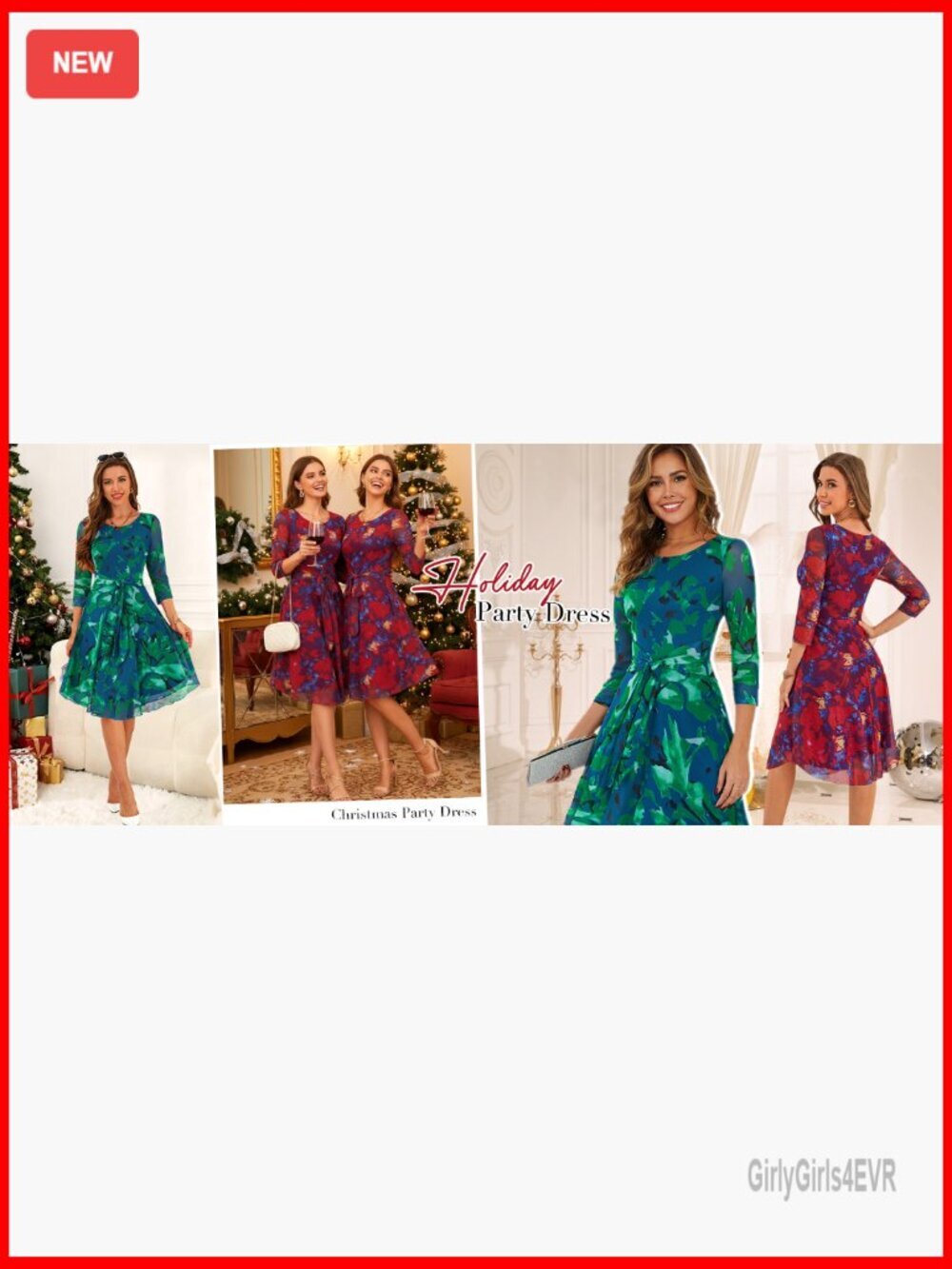 Elegant 3/4 Sleeve Floral Midi Dress with Belt - Women's Cocktail & Wedding - Picture 7 of 7